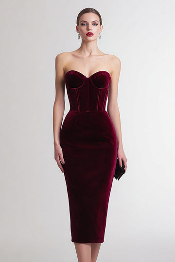 Bordeaux Strapless Velvet Bodycon Midi Formele Jurk